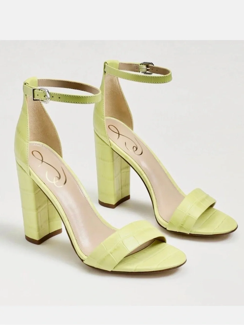 Sam Edelman Yaro 9 Lime Croc-Embossed Ankle-Strap Block Heels
